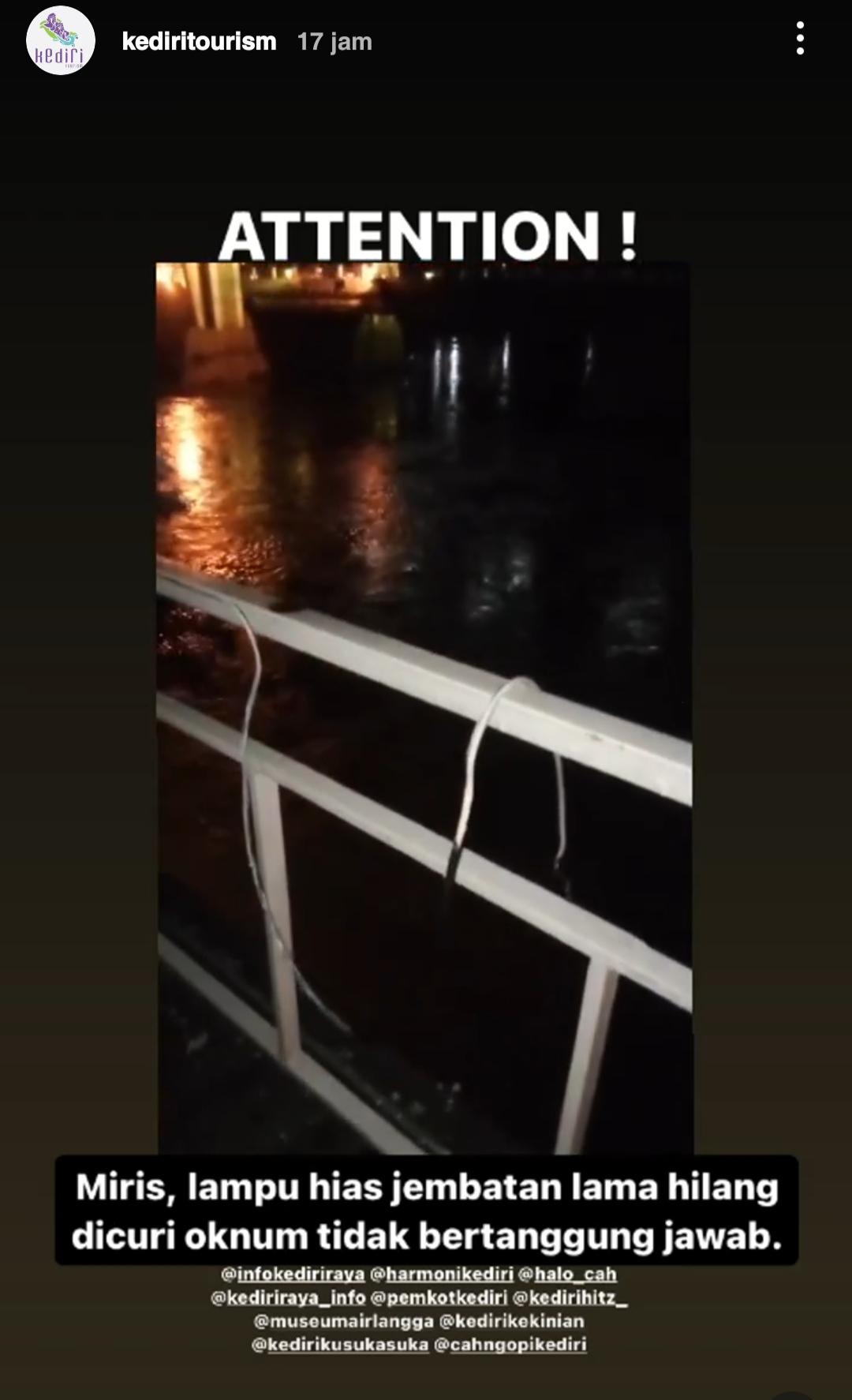 Video yang memperlihatkan lampu hias Jembatan Lama Dicuri (Instagram Disbudparpora Kota Kediri)