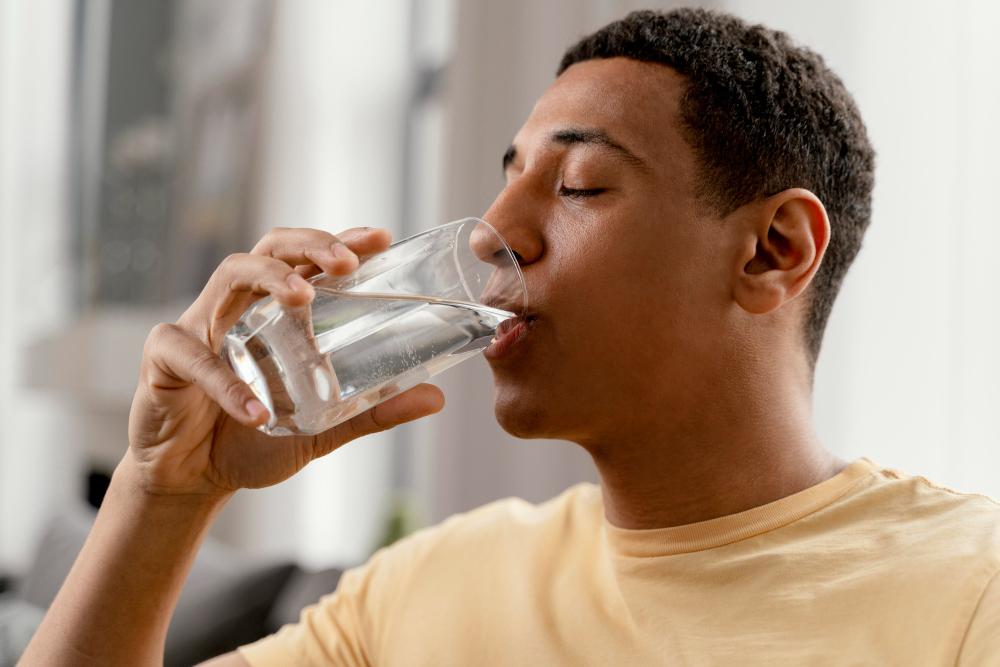 ilustrasi pria dirumah sedang minum segelas air putih (Freepik)