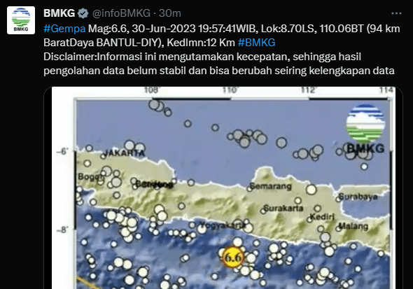 gempa bantul m 6,6 (tangkapan layar: twitter bmkg)