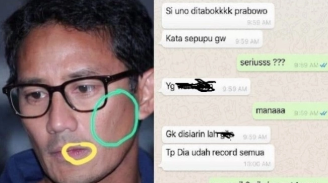 Sebuah tangkap layar percakapan WhatsApp membicarakan isu Prabowo Subianto menampar Sandiaga Uno. (suara)