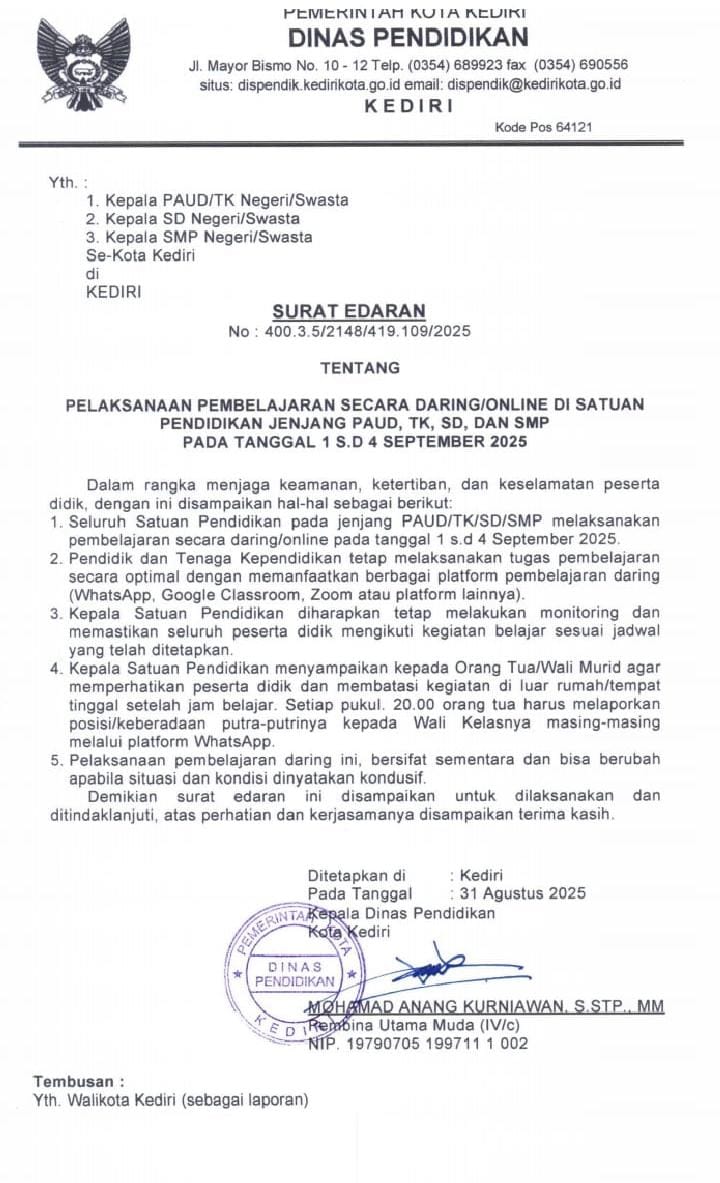 SE yang dikeluarkan Dinas Pendidikan Kota Kediri. 